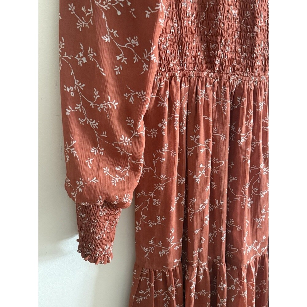 Bohme Rust Smocked Midi Dress Floral Fall Tiered Size Small Boho Casual - Picture 3 of 5
